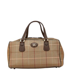 バーバリー チェック ボストンバッグ トラベルバッグ 旅行用バッグ カーキグリーン ブラウン キャンバス レザー BURBERRY 【中古】