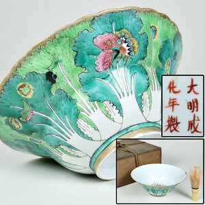 中国古玩 唐物 大明成化年製 鉢 粉彩手 白菜蟲図 箱 骨董品 美術品 9034wdyN