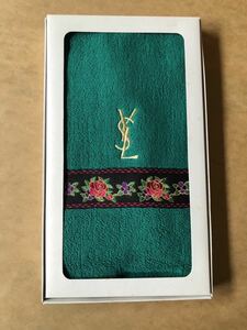 新品　YSL フェイスタオル 緑　グリーン　バラ　花柄　昭和レトロ　イヴサンローラン YVES SAINT LAURENT 刺繍　ゴールド