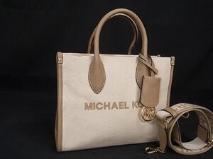 1円 ■美品■ MICHAEL KORS マイケルコース キャンバス×レザー 2WAY トートバッグ ショルダー 斜め掛け アイボリー系×ブラウン系 FL1306