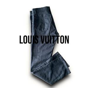 D14 美品 定価18万 40 L前後『ルイヴィトン LOUIS VUITTON』モノグラムフラワー刺繍 レザーパッチ ブラックデニムパンツ ジーンズ 人気の黒