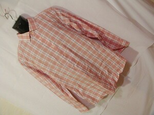 ssy3689 BANANA REPUBLIC メンズ 長袖 コットンシャツ オレンジベージュ×ホワイト ■ チェック柄 ■ NON IRON カジュアル Lサイズ