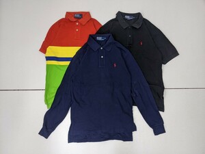 19．POLO ポロラルフローレン 3点 セット 90s 00s スモールポニー ロゴ刺繍 ボーダーデザイン 含む ポロシャツ メンズM 黒紺橙y906