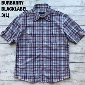 美品/3(L)サイズ◎バーバリーブラックレーベル BURBERRY BLACKLABEL 半袖シャツ ホースロゴ刺 襟ワイヤー入り チェック メンズ