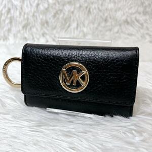 【美品】MICHAEL KORS マイケルコース 6連キーケース レザー ブラック ゴールド金具 シボ革 サフィアーノ キーリング 男女兼用