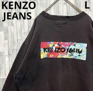 KENZO JEANS ケンゾー ジーンズ 葛飾北斎タグ 長袖 トレーナー ボロ スウェット 刺繍ロゴ ビッグロゴ 花柄 フラワー L ブラック フェード