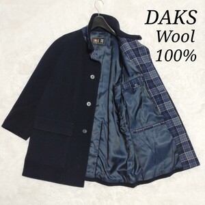 【ウール100%】ダックス　DAKS　チェスターコート　ヘリンボーン　比翼ボタン　チェック　ネイビー　紺色　日本製　Мサイズ