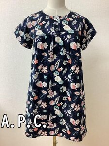 アーペーセー (A.P.C.) 黒に寒色系ボタニカル柄 コットンワンピース サイズXS