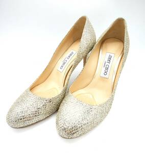 ■JIMMY CHOO ジミーチュウ グリッターラメ パンプス シルバー ゴールド ピンヒール 37 1/2 ハイヒール