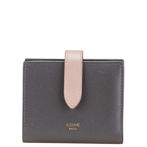 セリーヌ スモールストラップウォレット エッセンシャル 二つ折り財布 コンパクトウォレット グレー ピンク レザー CELINE 【中古】