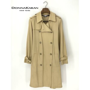 A9293/ビンテージ 90s 春夏 裏地無し DONNA KARAN ダナキャラン DKNY コットン ミモレ丈 ロング トレンチ コートP L程 ベージュ レディース