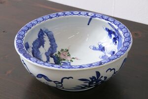 R-032196 古民具・骨董　明治期　鳥や草木が描かれたアンティークの染付深鉢(深皿、和食器)