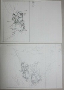 直筆画】鴇田幹 歴史・時代小説 挿絵用ラフ原画2枚一括 10/検;時代劇武士剣豪殺陣乗馬真筆真作肉筆雑誌画稿漫画劇画剣劇江戸庶民風俗