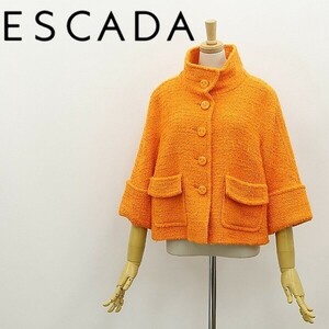 ◆ESCADA エスカーダ ウール ツイード 七分袖 スタンドカラー ショート コート ジャケット オレンジ 36