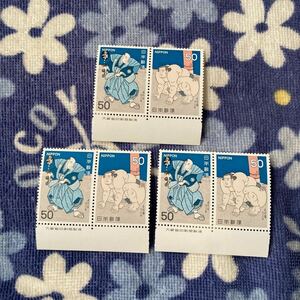 切手 未使用 当時英雄取組の図 相撲絵シリーズ 第3集 [1978] 50円×2種連刷×3 大蔵省銘板付 即決 複数あり ☆送料85円