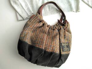 TOPCAPI★ハリスツィード　持ち手レザーバルーンバッグ　チェック　カーキ　HARRIS TWEED　 Harris Tweed　TREASURE TOPCAPI 