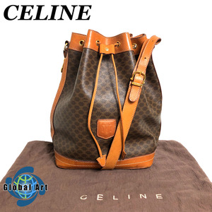 ●6D484/CELINE セリーヌ/ショルダーバッグ/バケットバッグ/巾着/マカダム柄/トリオンフ/ロゴ/ゴールド金具/ブラウン/茶