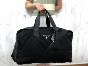 極美品 PRADA プラダ デカ ロゴ テスート ボストンバッグ ショルダーバッグ バッグ ナイロン×レザー 黒 A4収納可 2WAY メンズ 72230