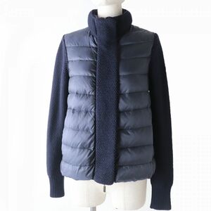 美品☆正規品 MONCLER モンクレール MAGLIONE TRICOT CARDIGAN ロゴワッペン付き ニット切り替え ダウンジャケット ネイビー S レディース