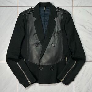 エディ期 名作 Dior Homme by Hedi Slimane 07aw ラムレザー 羊革 ウール 切替 テーラード ライダース ブラック 黒 ディオールオム 44 S位