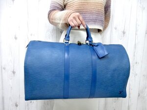 極美品 LOUIS VUITTON ルイヴィトン エピ キーポル50 トレドブルー ボストンバッグ ハンド バッグ M42965 レザー 青 A4可 メンズ 80219