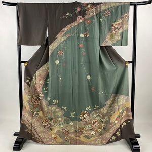 訪問着 身丈166cm 裄丈64cm M 袷 草花 雪輪 蘇州刺繍 金銀彩 灰緑 正絹 名品 【中古】