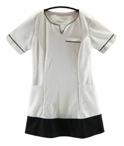 CH2733◇ 新品 訳あり ナース服 半袖 ハートシェイプドネック 左胸ポケット 右下ダブルポケット 裾切替 S ホワイト/ ブラック 送料 510円