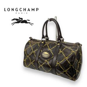 LONGCHAMP ロンシャン ミニボストンバッグ ハンドバッグ レザー ブラウン 乗馬マーク 総柄 フランス製