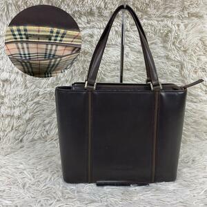 1円〜【希少】BURBERRY バーバリー トートバッグ ハンドバッグ ロゴ 内側ノバチェック レザー バック 肩掛け レザー