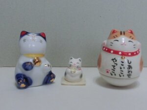 瀬戸焼 彩絵おきあがり招き猫＆染付猫＆スリランカ製猫＆ガラス製箸置き（招き猫と鯛）