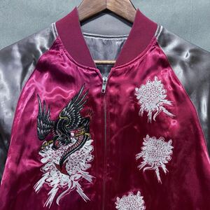 Ed Hardy エドハーディー レーヨン リバーシブル 龍 ロゴ 刺繍 スーベニアジャケット スカジャン ブルゾン size.M レッド×シルバー