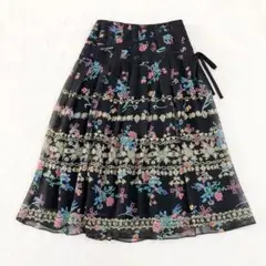 美品♡ PRIDEプライド　花柄　スカート　シフォン　ロング　日本製　ブラック