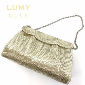 美品 LUMY はしもと ビーズ バッグ ハンドバッグ ルミー 洋装 和装 小物 刺繍 シルバー カラー パーティー バッグ ミラー付き