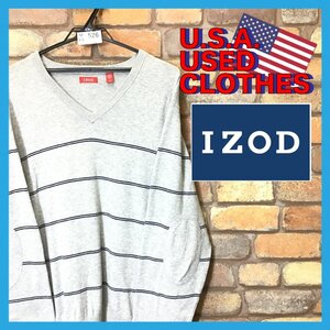 ME6-526★アメリカ古着★【IZOD アイゾッド】エルボーパッチ付 Vネック ボーダー セーター【メンズ L】グレー コットンニット ゴルフ