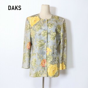 DAKS ダックス ノーカラージャケット 綿 コットン 麻 リネン 総柄 花柄 半裏仕立て グレー 黄色 イエロー11 YC91