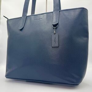 1円〜 未使用級!! COACH コーチ サリバン 大容量 トートバッグ ビジネスバッグ レザー 本革 ネイビー チャーム付 A4 PC 肩掛け メンズ 