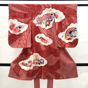 1870 正絹 一つ身 赤 絞り 花 襦袢付 牡丹 豪華 七五三 かけ着