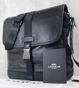 美品 COACH コーチ メッセンジャー ショルダーバッグ レザー パンチング 斜め掛け クロスボディ ビジネス レザー 黒 革 ブラック メンズ