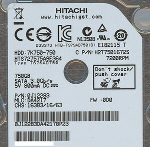 HITACHI ノート用HDD HTS727575A9E364 750GB 9.5mm [管理:1000011953]