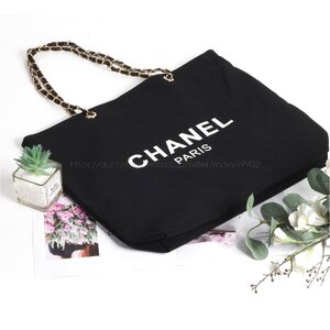 シャネル CHANEL ノベルティ VIPギフト トートバッグ チェーン 帆布 キャンバス 両面 プリント レディース ブランド 黒 非売品