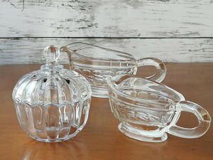 ガラス製 クリーマ キャンディポット 3点 キャニスター クリスタル アンティーク ソースポット ビンテージ antique glas Creamer 送料込み