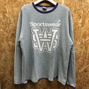 NIKE ナイキ Lサイズ メンズ Tシャツ ミニ裏毛 カットソー 英字 プリント ロゴ 長袖 綿100% ヘザーグレー×パープル×ホワイト