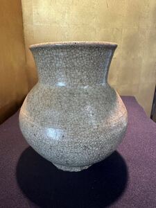 壺 骨董 米色氷裂青磁 茶道具 花瓶 花器 アンティーク 古美術 陶磁器