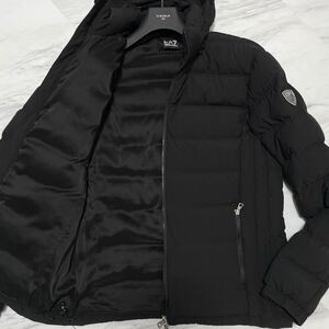 極美品/超希少XL相当●エンポリオアルマーニ EMPORIO ARMANI ダウンジャケット ブルゾン エンブレム 2way フード収納 黒 ブラック 極暖