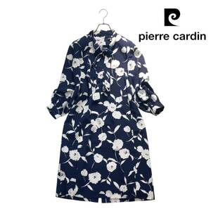 09T046☆ pierre cardin 総柄 花柄 ボウタイ 長袖 ロングワンピース 春秋 冬 9号 M