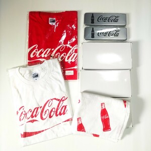 【送料無料】未使用 非売品 Coca-ColaノベルティーSET★Ｔシャツ 白/赤２枚SET★缶ペンケース 筆箱2個★タオル3枚★コカコーラ 