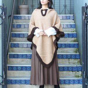 EU VINTAGE 2 TONE DESIGN WOOL FOODED CAPE COAT PONCHO/ヨーロッパ古着2トーンデザインウールフーデッドケープコートポンチョ