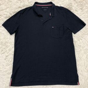 希少L！トミーヒルフィガー【夏の定番】TOMMY HILFIGER ポロシャツ 半袖 ネイビー ワンポイントロゴ刺繍 鹿の子 ストレッチ抜群 シンプル