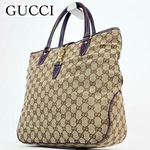 美品・希少モデル GUCCI グッチ トートバッグ ニュージャッキー ハンドバッグ トップハンドル A4収納 GG キャンバス レザー ブラウン