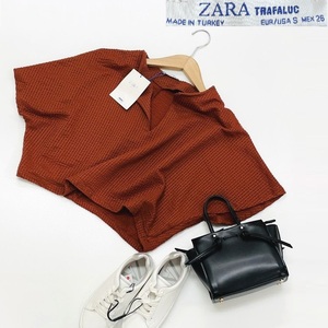 未使用品 /S/ ZARA ブラウン クロップドドルマンスリーブ半袖トップス レディース タグ カジュアル フェミニン 大人可愛い デイリー ザラ